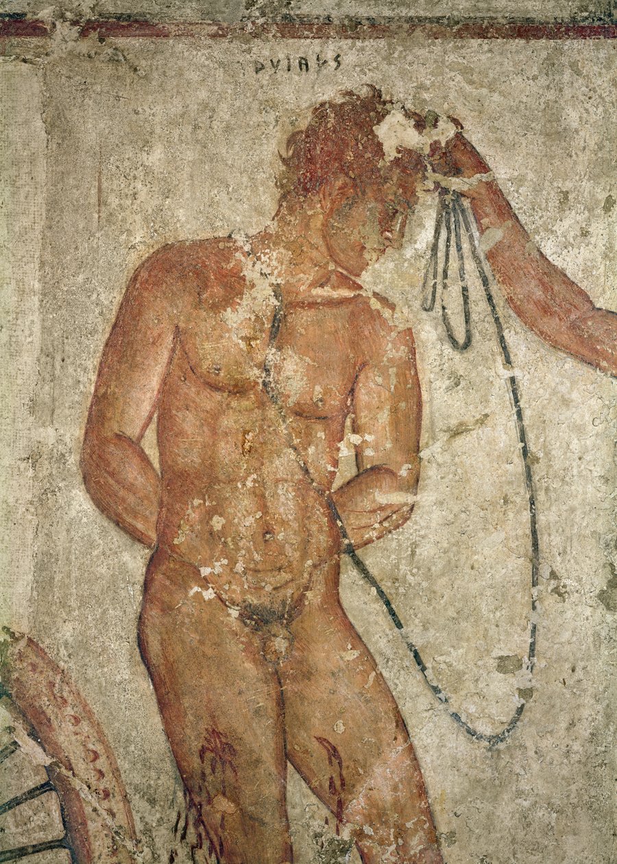 Detail van een Trojaanse gevangene, uit het Francois-graf in Vulci, ca. 320-280 v.Chr. door Etruscan