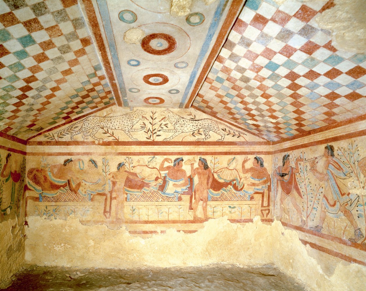 Etruskisch graf van de Luipaarden, fresco met banketscène, Tarquinia. 5e eeuw v.Chr., Italië door Etruscan