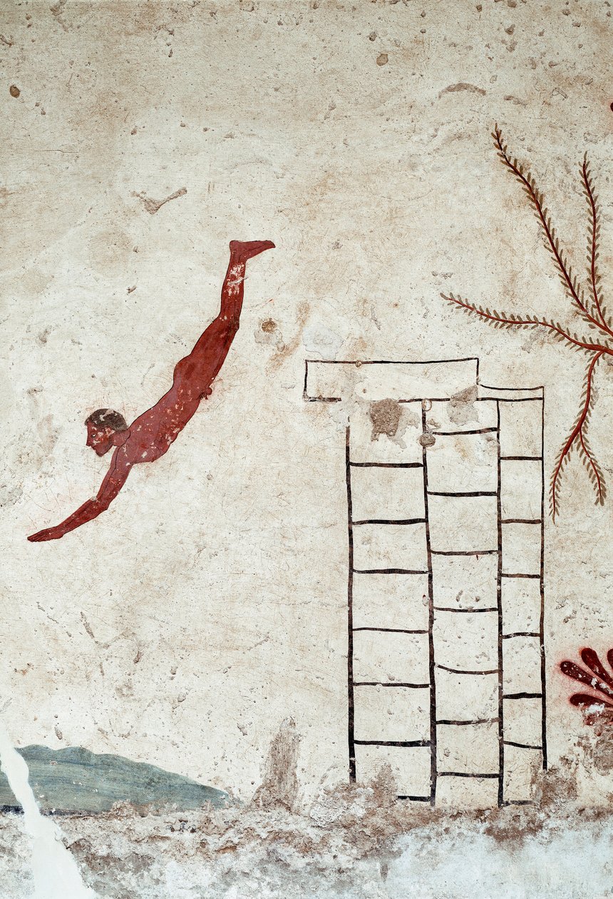 Etruskische kunst: Een jonge zwemmer duikt. Fresco van het graf van de 