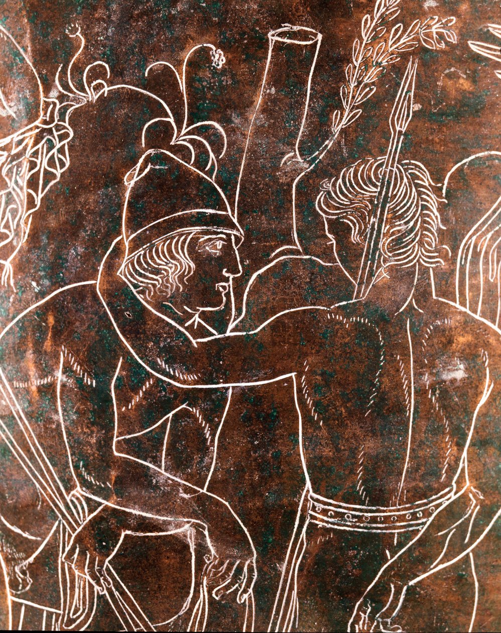 Etruskische kunst: detail van de bronzen Ficoroni Cistus die de legende van de Argonauten voorstelt. Van Preneste (Palestrina). 340 v.Chr. Museo Nazionale di Villa Giulia, Rome door Etruscan