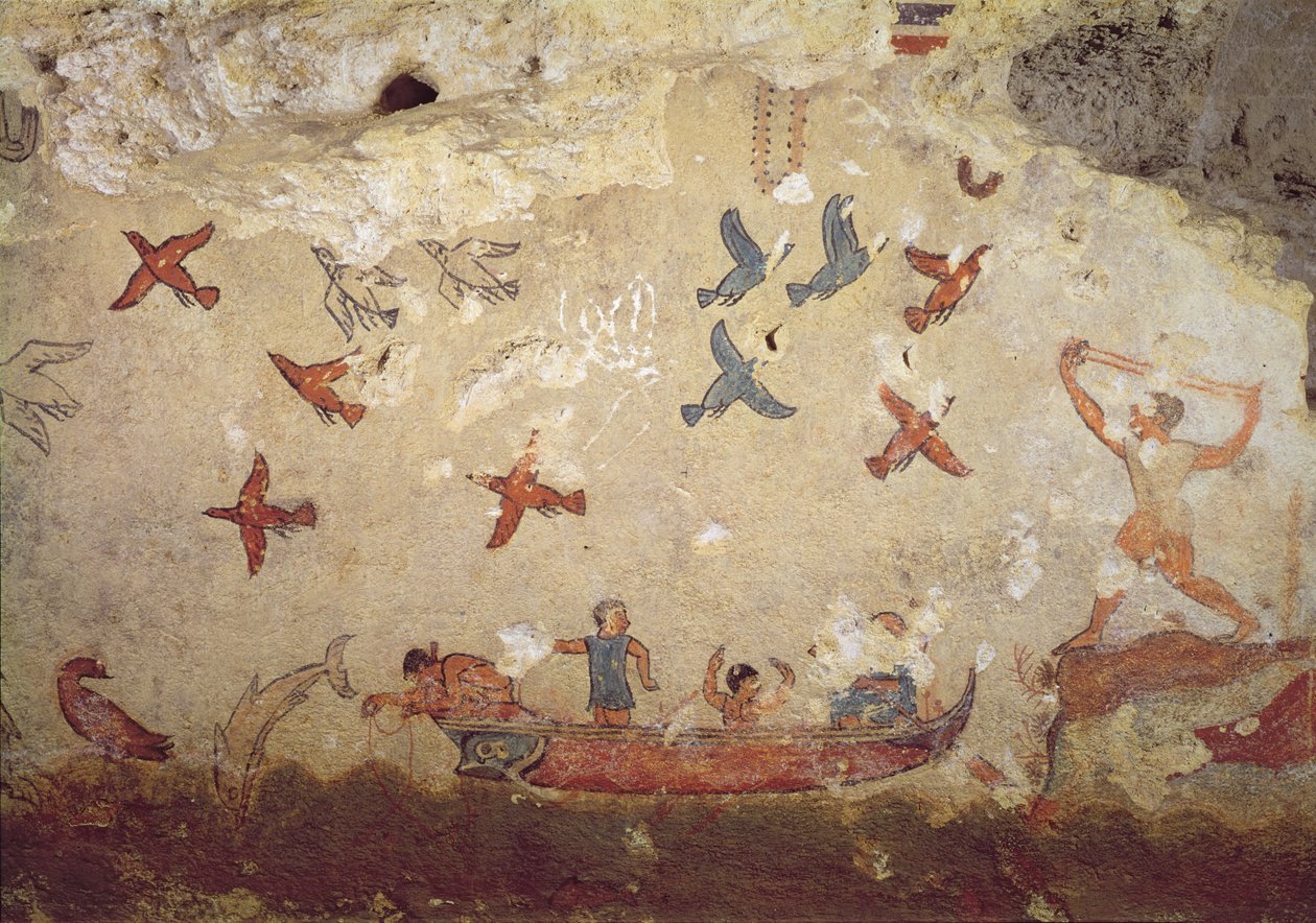 Vissers in een boot en vogels die vliegen, uit het graf van vissen en jagen, c.520-510 v.Chr. door Etruscan