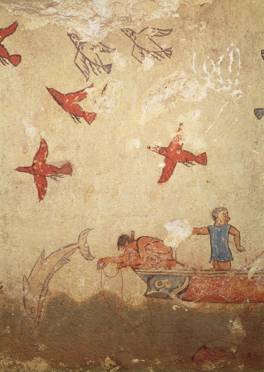 Vissersboot, uit het Graf van Jacht en Visserij, c.520-10 v.Chr. (muurschildering) door Etruscan