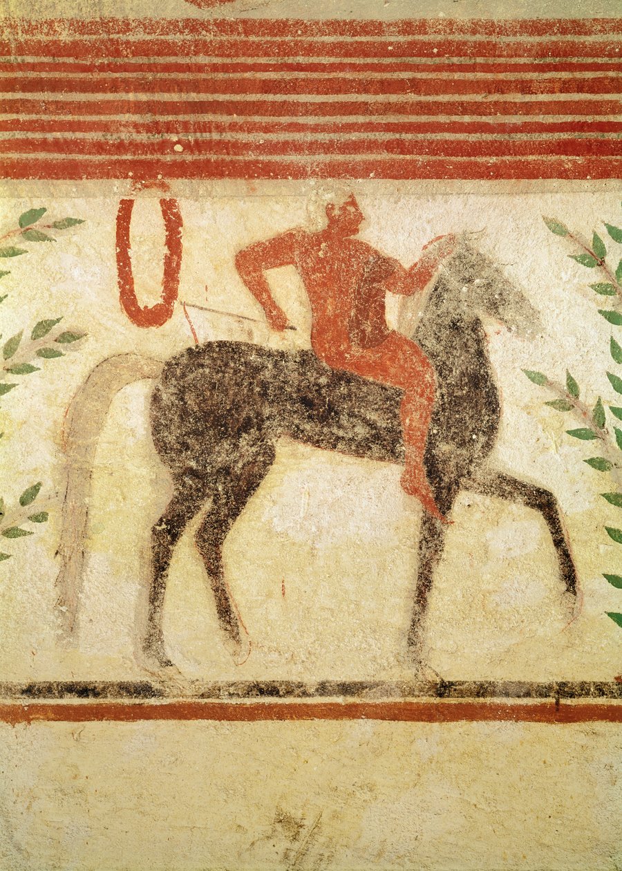 Ruiter, linkerkant, uit het graf van de Baron, ca. 500 v.Chr. (muurschildering) door Etruscan