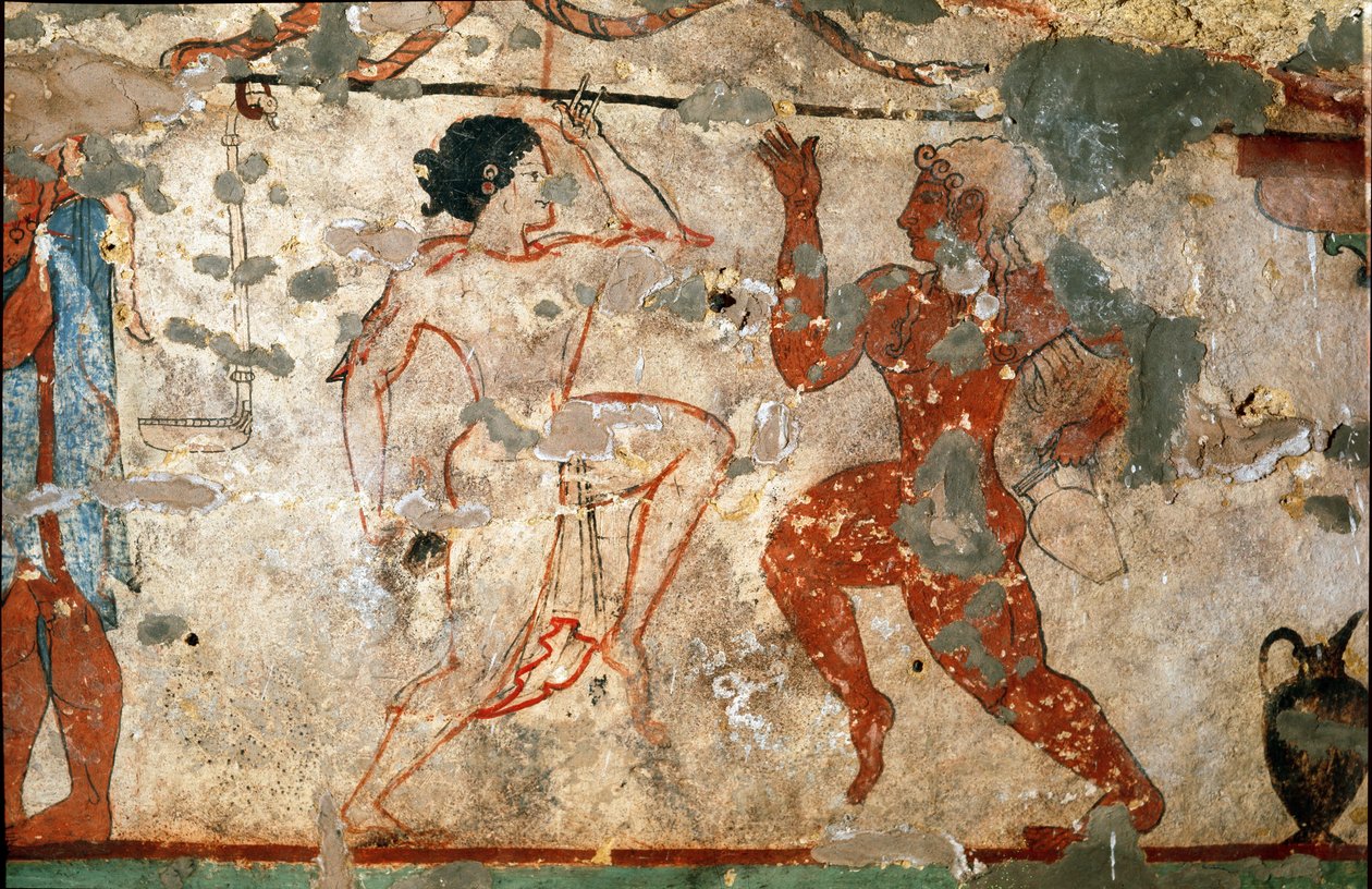Rituele dans, jonge vrouw met een doorzichtige tuniek en jonge man naakt. (detail van fresco, 520 v.Chr.) door Etruscan