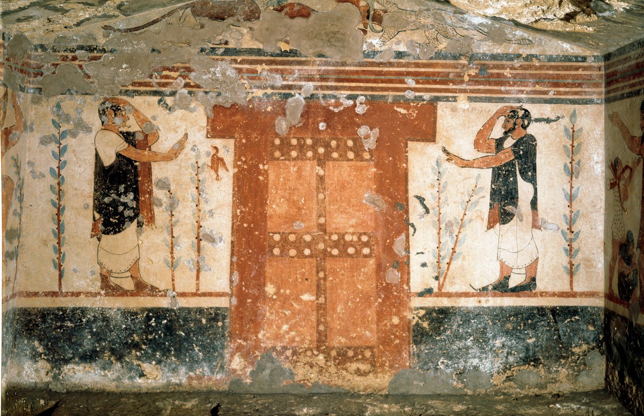 Twee personages die groeten bij de poort die de toegang tot het koninkrijk van de Dood symboliseert (Fresco, 530 v.Chr.) door Etruscan
