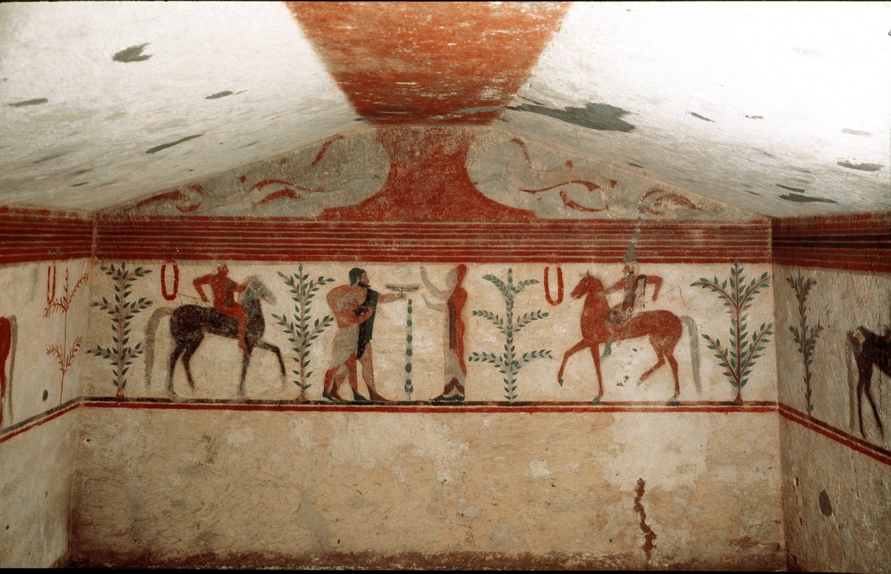 Twee ruiters, een vrouw en een bebaarde man die een beker presenteren (detail) door Etruscan