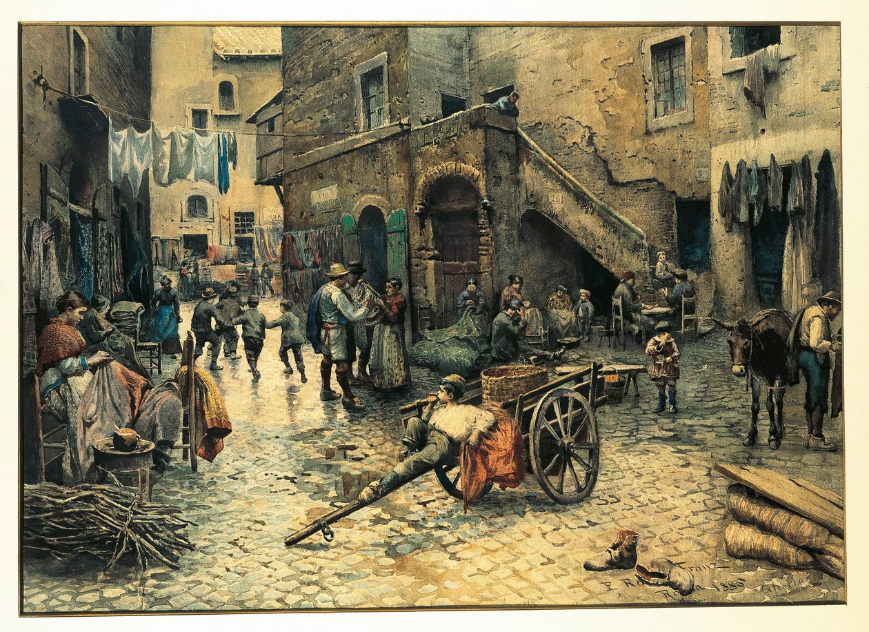 Italië, Rome, Straatleven op Via Capocciuto in (Joodse) Ghetto in Rome door Ettore Roesler Franz