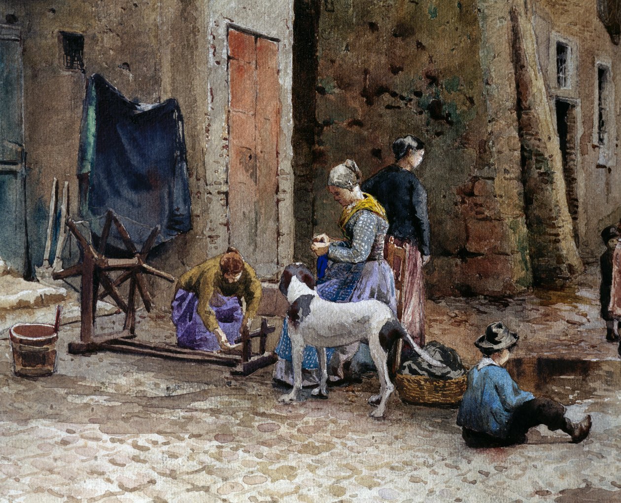 Vrouwen geconcentreerd op spinnen, detail van oude huizen in Lungaretta in Rome door Ettore Roesler Franz