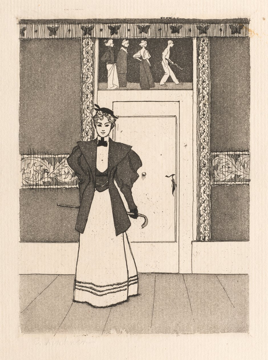 Interieur met jonge vrouw in wandelkostuum door Eugen Kirchner