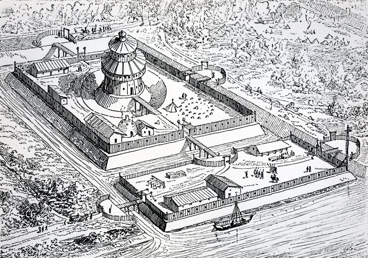 Reconstructie van het Louvre tijdens de periode van het Frankische koninkrijk in de 6e en 7e eeuw, 1895 door Eugene Emmanuel Viollet le Duc