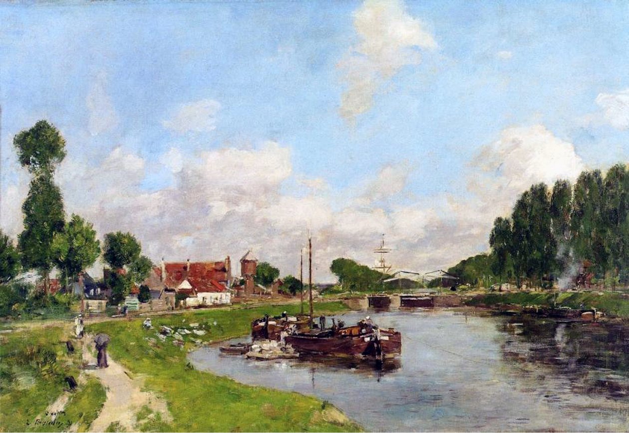 Barges op het kanaal bij Saint-Valery-sur-Somme, 1891 door Eugene Louis Boudin