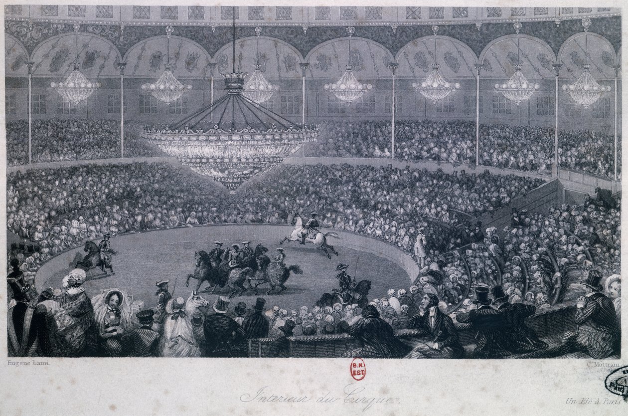 Paardenshow in Franconi circus, Champs Elysees, Parijs, Eugene Louis Lami, gegraveerd door Charles Mottram uit Zomer en Winter in Parijs door Eugene Louis Lami