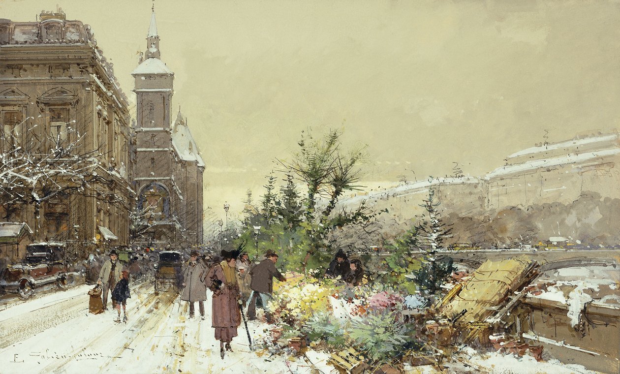 Bloemenmarkt door Eugene Galien Laloue