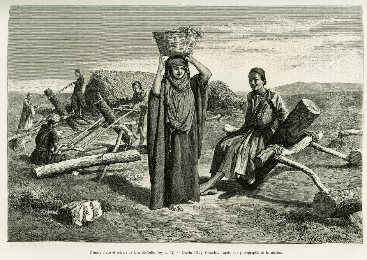 Arabische vrouw en zaagwerkers van lange tien foulis. Gravure door Eugene Girardet, ter illustratie van het verhaal 