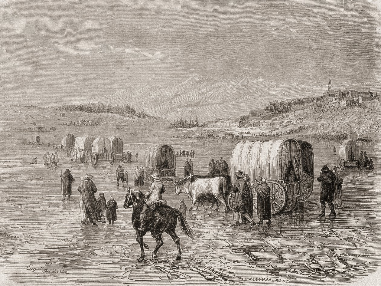 Een wagenkaravaan op weg naar het westen in de jaren 1860, gegraveerd door Stephane Pannemaker (1847-1930) door Eugene Antoine Samuel Lavieille