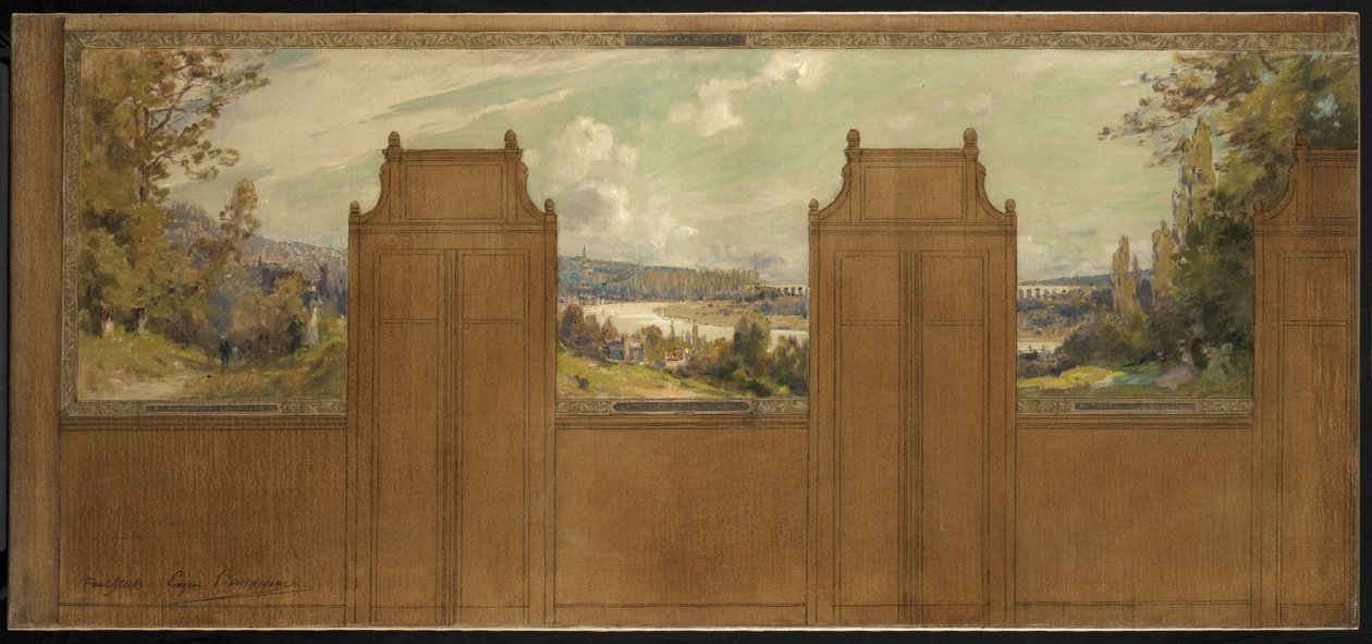 Schets voor het stadhuis van Bagneux (?): landschap van Joinville naar Nogent, circa 1907 door Eugene Bourgeois