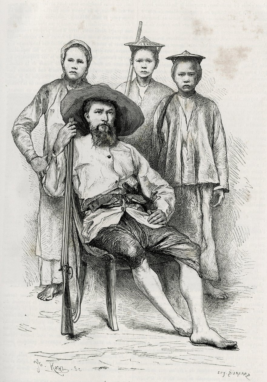 Portret van de auteur, omringd door zijn reisgenoten. Gravure door Eugene Burnand, ter illustratie van het verhaal 