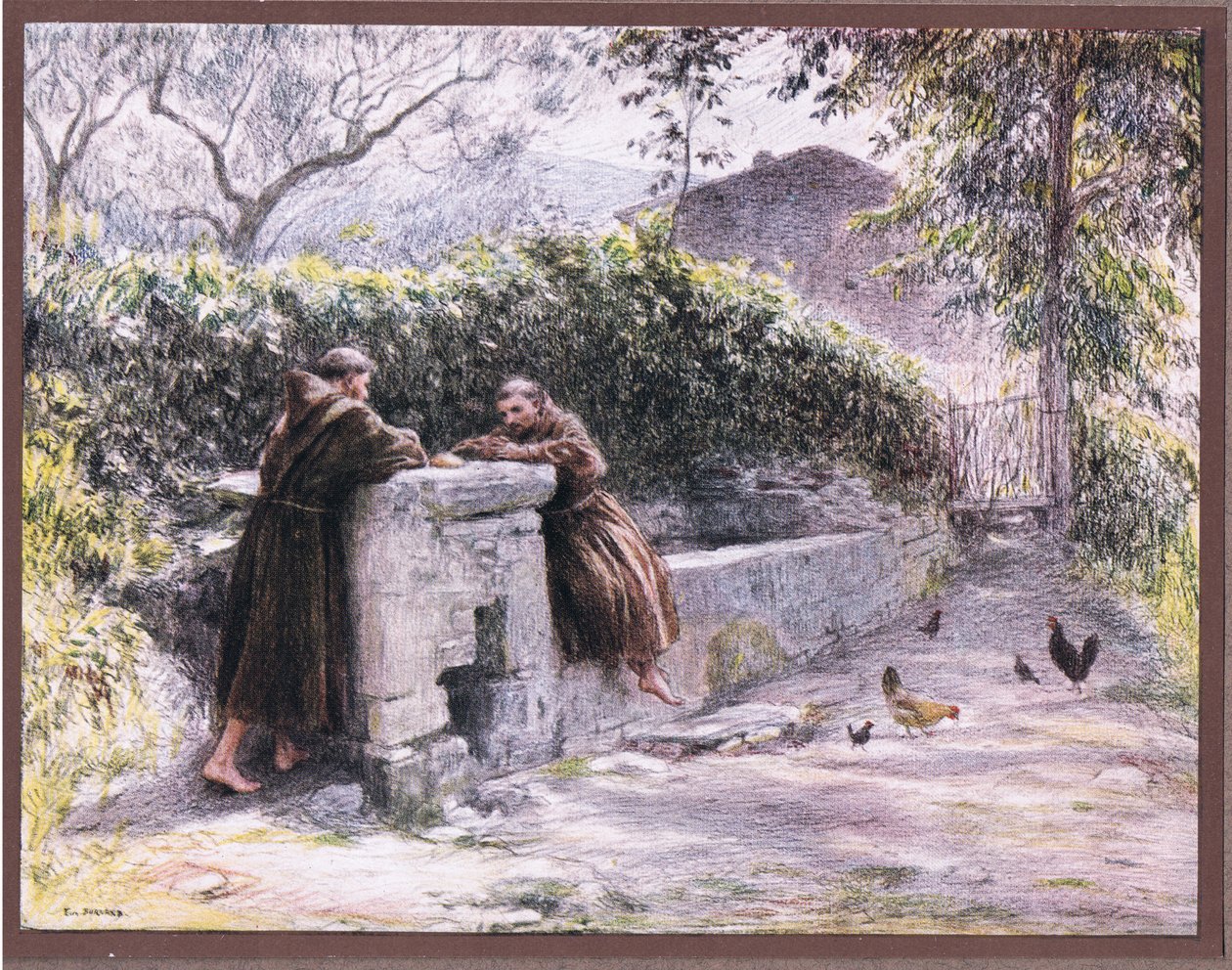 De maaltijd van Sint Franciscus en broeder Masseo bij de fontein. Sint Franciscus prijst armoede door Eugene Burnand