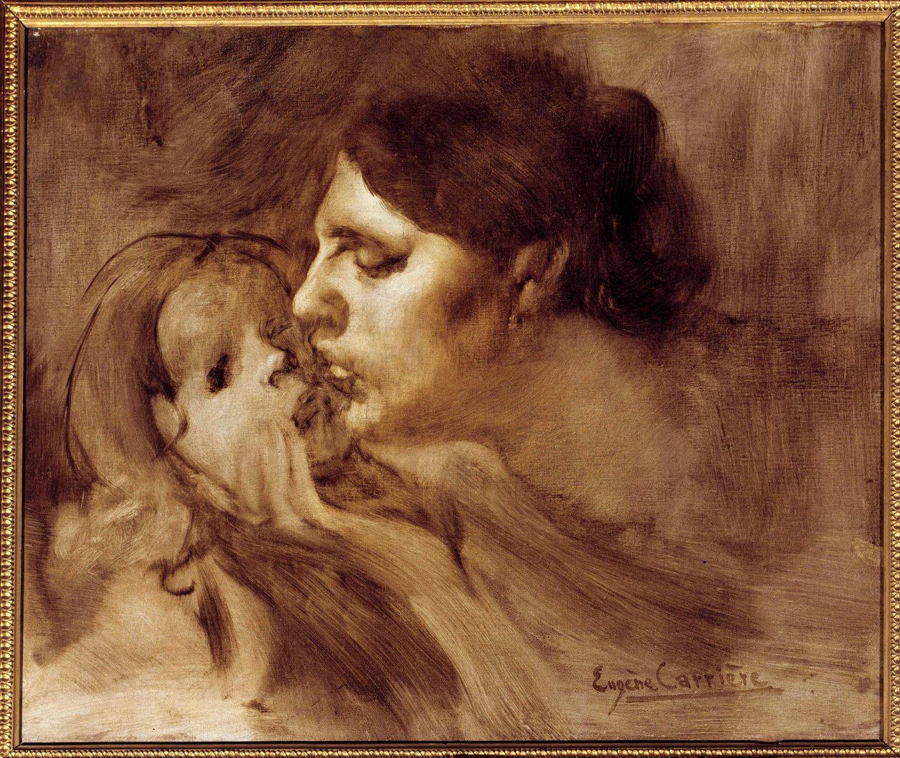 De Moederlijke Kus. Schilderij door Eugene Carriere (1849-1906) 19e eeuw. 0,46 x 0,55 m. Parijs, Musee d