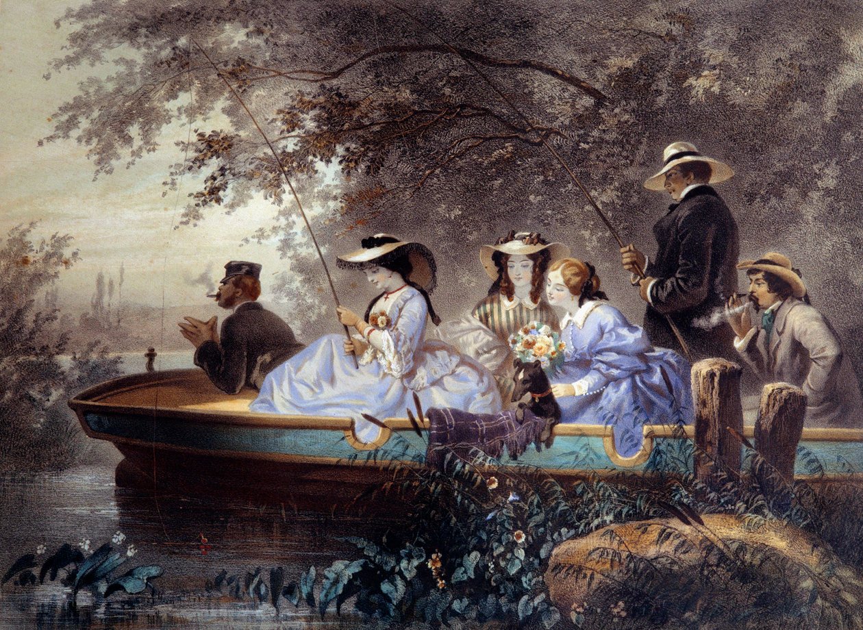 Een zondag met de familie, vissen in de rivier Lithografie door Eugene Guerard (1821-1866) 19e eeuw. Parijs, Musee Carnavalet door Eugene Charles Francois Guerard