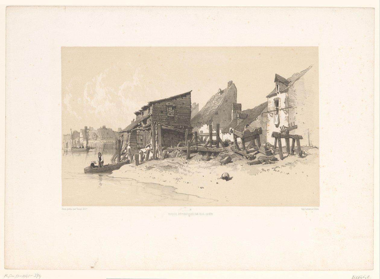 Rivieroever met huizen en watermolen door Eugene Ciceri