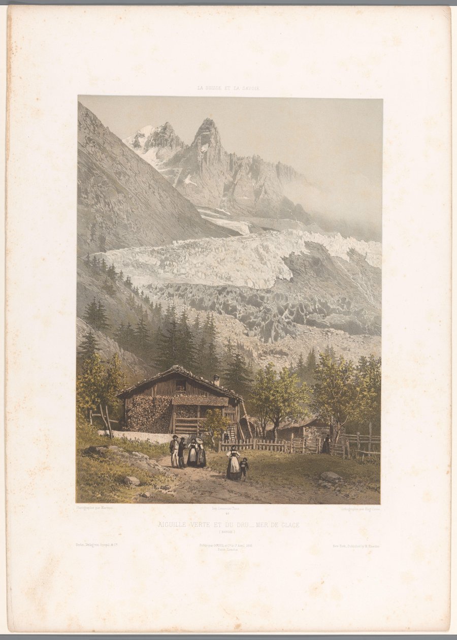 Zicht op de bergtoppen Aiguille Verte en Dru en de gletsjer Mer-de-Glace (Gezichten in Zwitserland en Savoye) door Eugene Ciceri