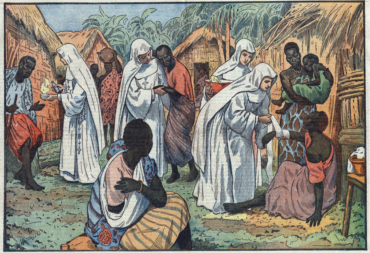 Over de inhuldiging, in het Lateraans Paleis in Rome, van de musea van de Witte Zusters in een dorp in Equatoriaal Afrika waar zij catechismus geven en voor de zieken zorgen. Illustratie van Damblans. In 