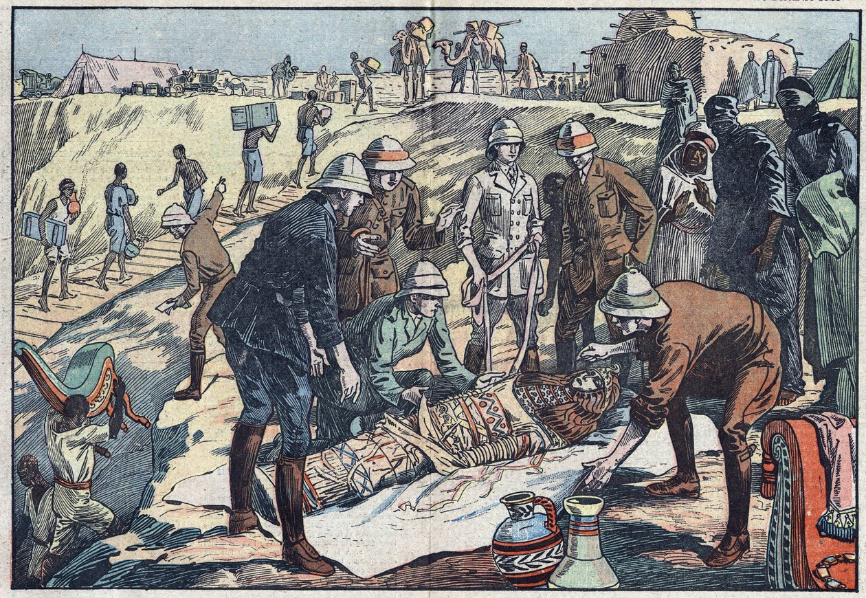 Een Engelse missie, in opdracht van graaf Byron de Prorok (1896-1954), een archeoloog, ontdekte het graf van Tin-Hahan in de Hoggar. Illustratie van Damblans. In 