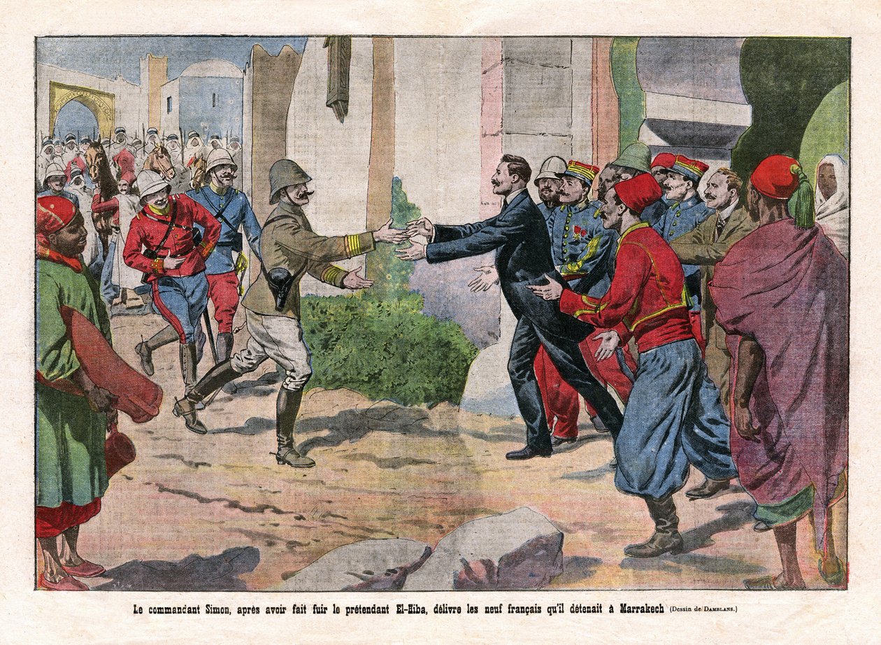Gebeurtenissen in Marokko, overgenomen van Marrakech door de troepen van Hubert (Louis-Hubert-Gonzalve) Lyautey (1854-1934) en Charles Mangin (1866-1925). Commandant Simon, na te zijn gevlucht voor de pretendent El-Hiba (El Hiba) (Ahmed al-Hiba (Al Hiba),  door Eugene Damblans