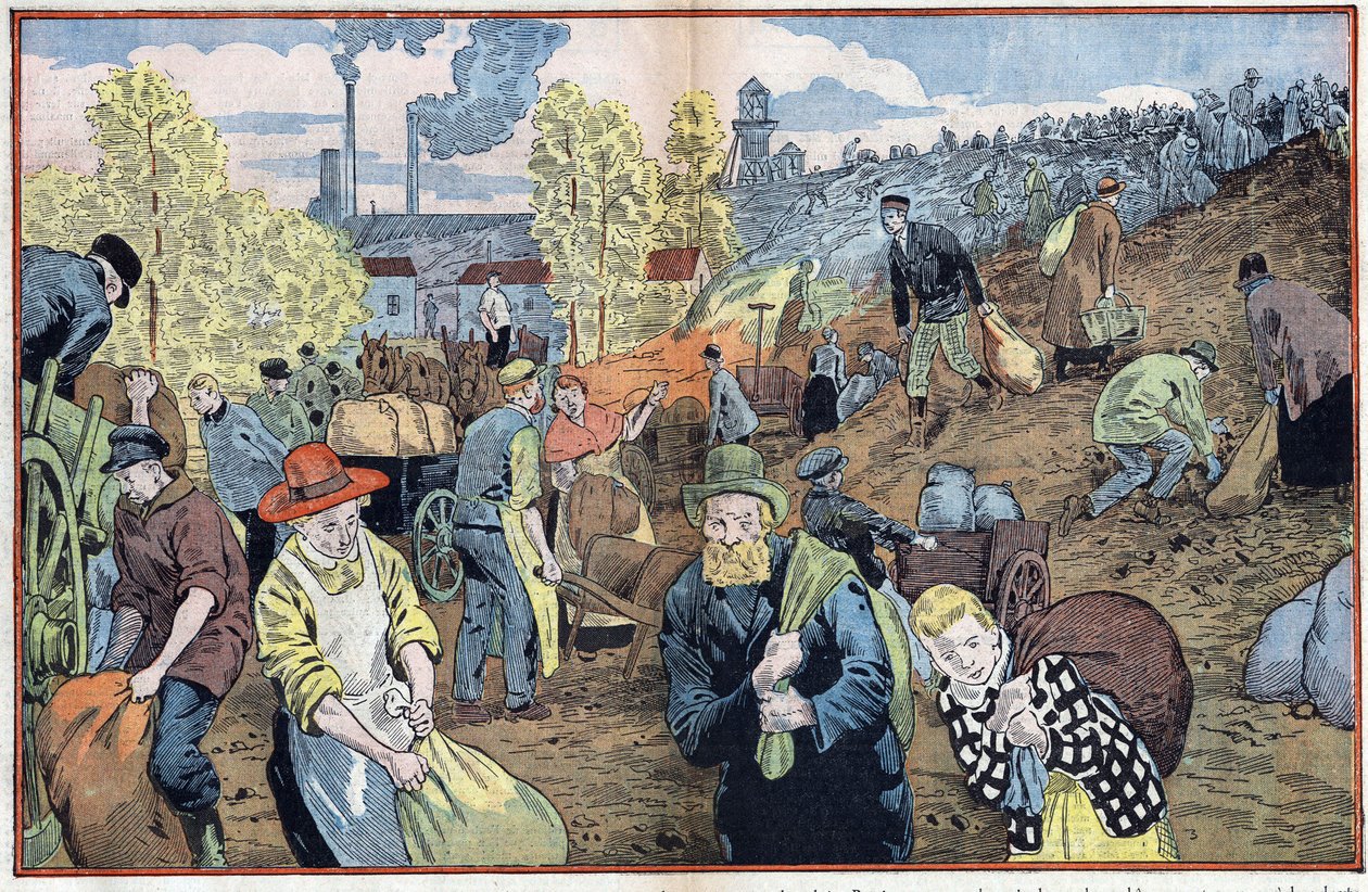 Jagers zoeken naar stukjes kolen tussen de stenen die uit de mijnen zijn gehaald om zichzelf te verwarmen tijdens de winter. Ruhrgebied, Duitsland. Illustratie van Damblans. In 