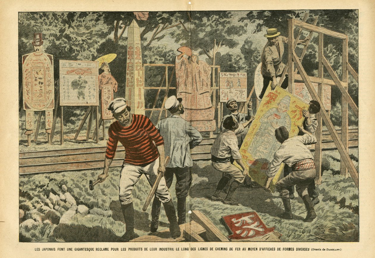 Illustratie door Eugene Damblans (1865-1945) in Le Pelerin, 03/09/05 - De Japanners maken een gigantische claim voor de producten van hun industrie langs spoorlijnen met posters van verschillende vormen - Reclame, Japan, Spoorweg Trein, Posters door Eugene Damblans
