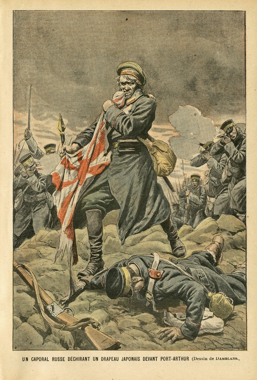 Illustratie van Eugene Damblans (1865-1945) in Le Pelerin, 01/01/05 - Een Russische korporaal scheurt een Japanse vlag voor Port Arthur - Rusland, Japan, Port Arthur, Russisch-Japanse Oorlog, Gevechten, Geweer - Soldaten, Korporaal door Eugene Damblans