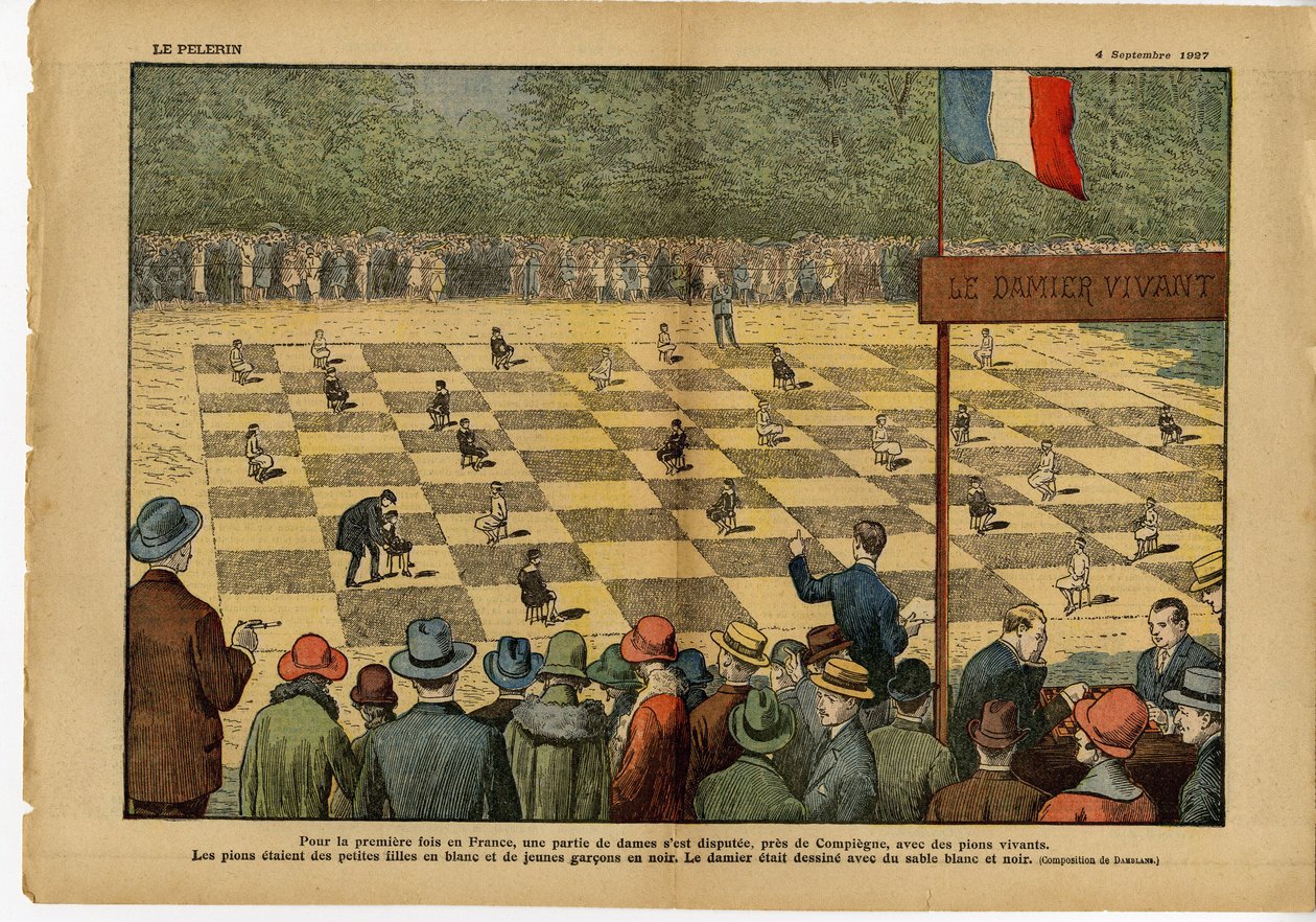 Illustratie van Eugene Damblans (1865-1945) in Le Pelerin, 04/09/27 - Voor het eerst in Frankrijk, een spel van dames... Live Dambord - Spel, Hobby