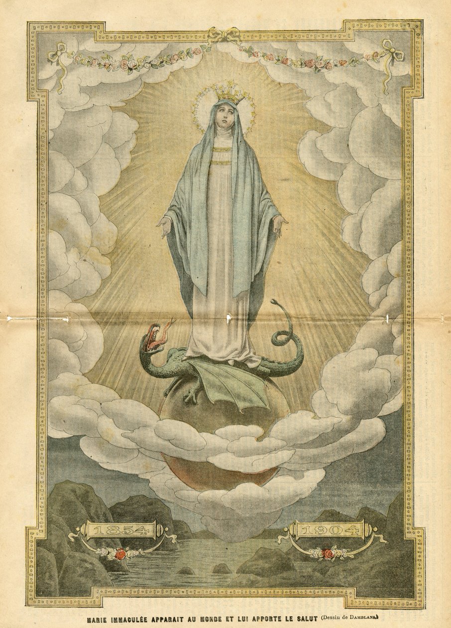Illustratie van Eugene Damblans (1865-1945) in Le Pelerin, 04/12/04 - Maria immaculata verschijnt aan de wereld en brengt verlossing - Religie Geloof, Katholiek Katholicisme - Onbevlekte ontvangenis - Maria, Draak - Wolken - Aarde door Eugene Damblans