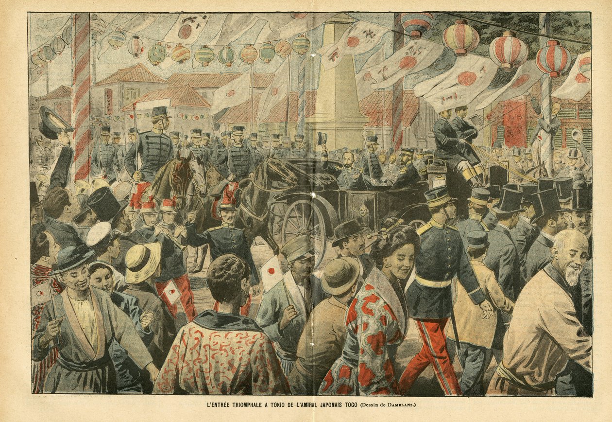 Illustratie van Eugene Damblans (1865-1945) in Le Pelerin, 05/11/05 - De triomfantelijke intocht in Tokio van de Japanse admiraal Togo - Leger, Japan, Menigte, Tokio - Admiraal Admiralen, Togo Heihachiro (1848-1934), Burgers door Eugene Damblans