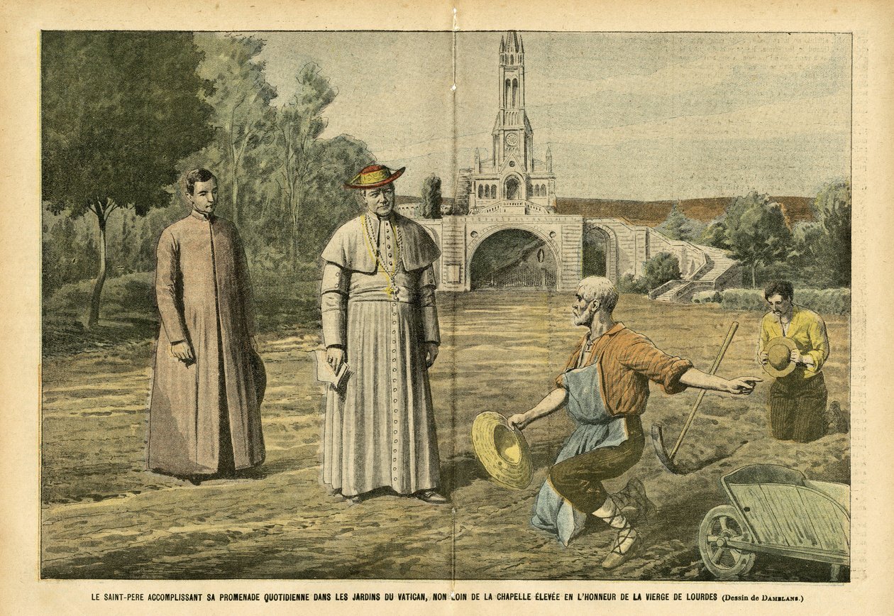 Illustratie van Eugene Damblans (1865-1945) in Le Pelerin, 20/08/05 - De Heilige Vader maakt zijn dagelijkse wandeling in de tuinen van het Vaticaan, niet ver van de kapel die is opgericht ter ere van de Maagd van Lourdes - Religie Geloof, Landbouw, Vatica door Eugene Damblans