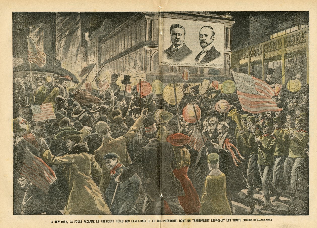 Illustratie van Eugene Damblans (1865-1945) in Le Pelerin, 20/11/04 - In New York juicht de menigte de herkozen president van de Verenigde Staten en de vice-president toe, wiens transparant de kenmerken weergeeft - Amerika, Verkiezingen, Architectuur door Eugene Damblans