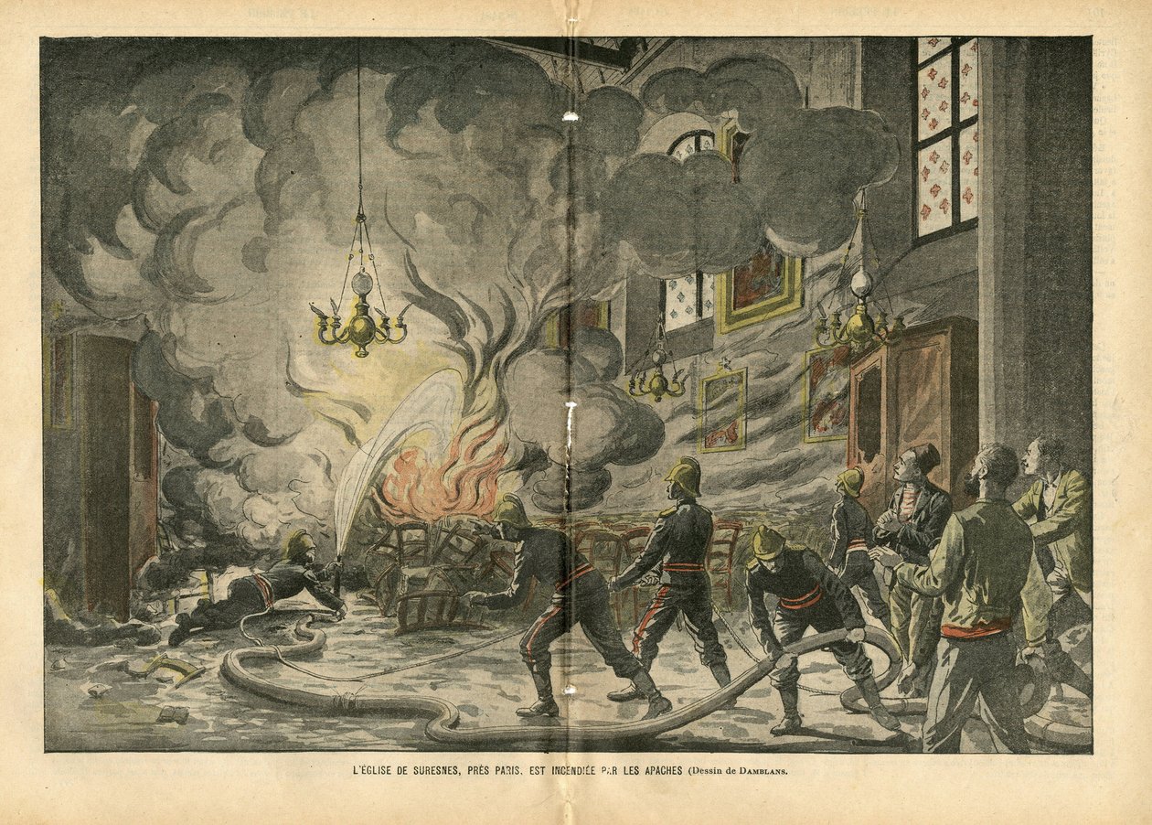 Illustratie van Eugene Damblans (1865-1945) in Le Pelerin, 26/06/04 - De kerk van Suresnes, nabij Parijs, wordt verbrand door de Apachen - Diverse feiten, Religie Geloof, Onveiligheid, Kathedraal Kerken, Brand, Suresnes, Katholiek Katholicisme - Apachen door Eugene Damblans