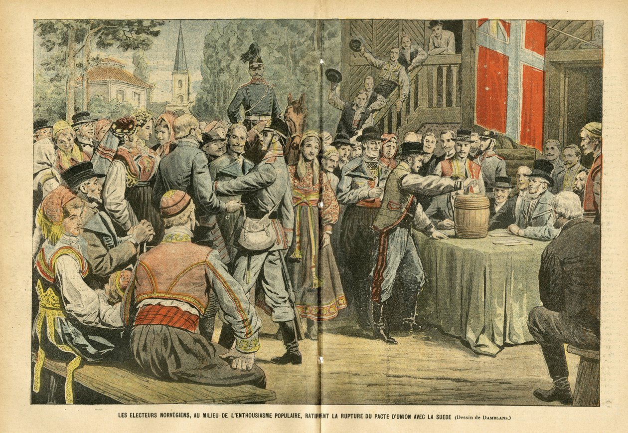 Illustratie van Eugene Damblans (1865-1945) in Le Pelerin, 27/08/05 - De Noorse verkiezingen, te midden van populaire enthousiasme, bekrachtigen de breuk van het uniepact met Zweden - Verkiezingen, Stedelijke Architectuur, Menigte, Zweden, Noorwegen - Urn door Eugene Damblans