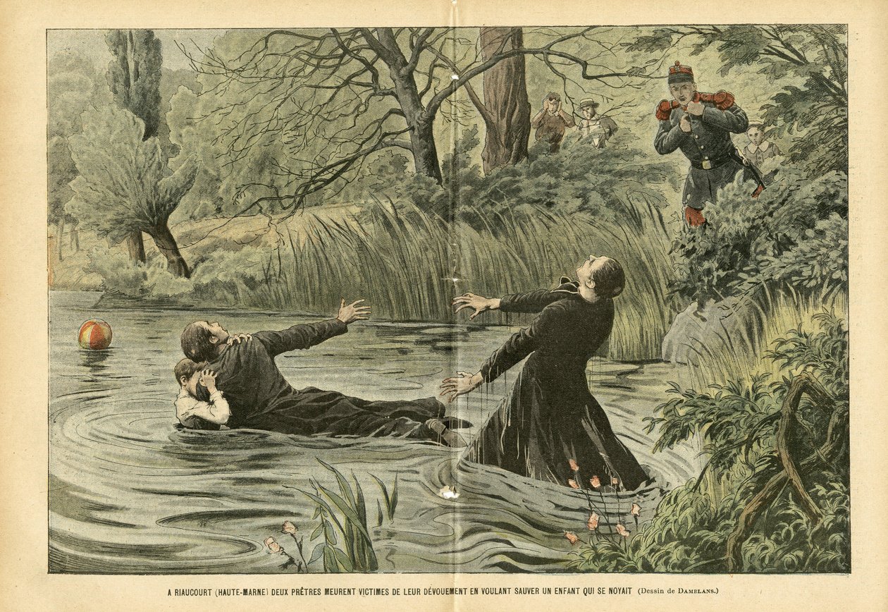 Illustratie van Eugene Damblans (1865-1945) in Le Pelerin, 30/07/05 - In Riaucourt (Haute-Marne) sterven twee priesters als slachtoffers van hun toewijding terwijl ze proberen een verdronken kind te redden - Diverse feiten, Kindertijd, Maritiem, Rivier door Eugene Damblans