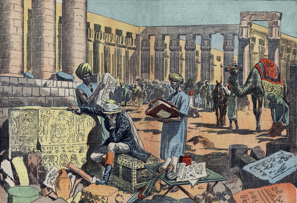 Jean Francois Champollion (1790-1832), een Franse egyptoloog, bestudeert een inscriptie tussen de zuilengalerijen van Thebe. Gravure uit 1923. Tekening van Damblans. door Eugene Damblans