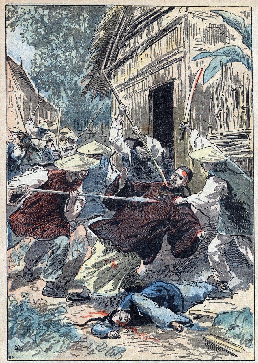 De Franse priester Berthollet (1865-1898), priester van de Buitenlandse Missies, werd vermoord door Chinese nationale gardes nabij de stad Yun Ngan Cheou op 21 april 1898. Illustratie van Damblans in 