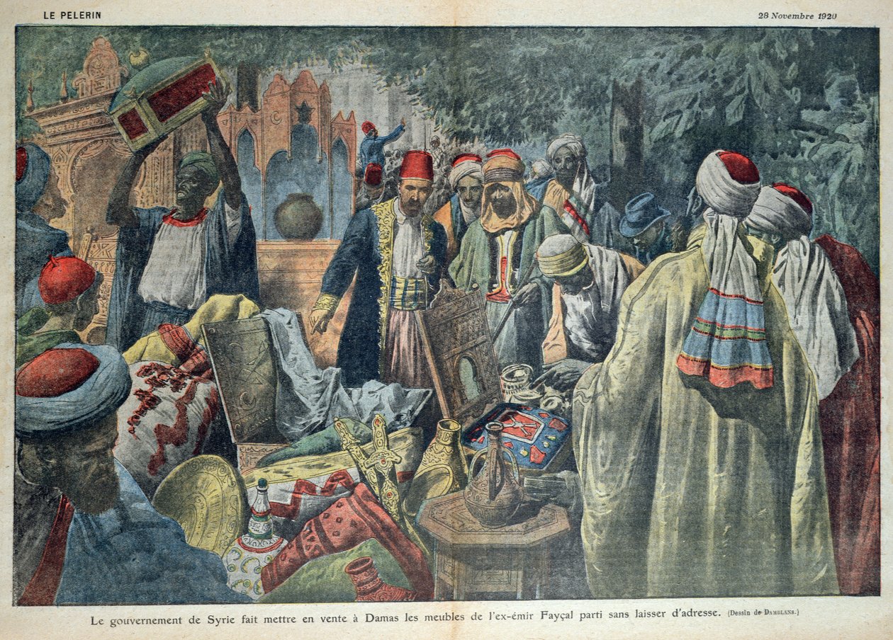 De verkoop door de Syrische regering van de goederen van de Emir Faisal (1883-1923) in Damascus, illustratie uit 