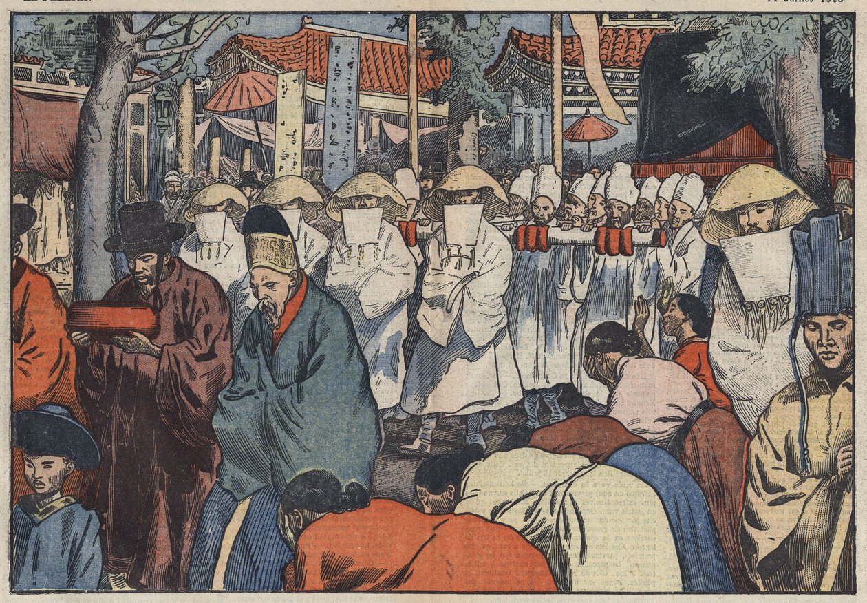 De begrafenis van de voormalige keizer van Korea, Prins Yi. Men ziet de katafalk bij de poort van het paleis in Seoul, terwijl de Aigos of 