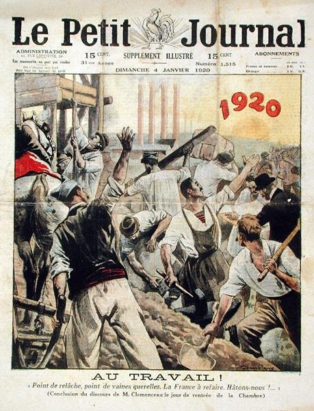 Aan het werk! Geen rust, geen discussie. Frankrijk moet worden herbouwd. Haast je!, einde van de toespraak van Georges Clemenceau in de Kamer van Afgevaardigden, uit Le Petit Journal, 4 januari 1920 door Eugene Damblans