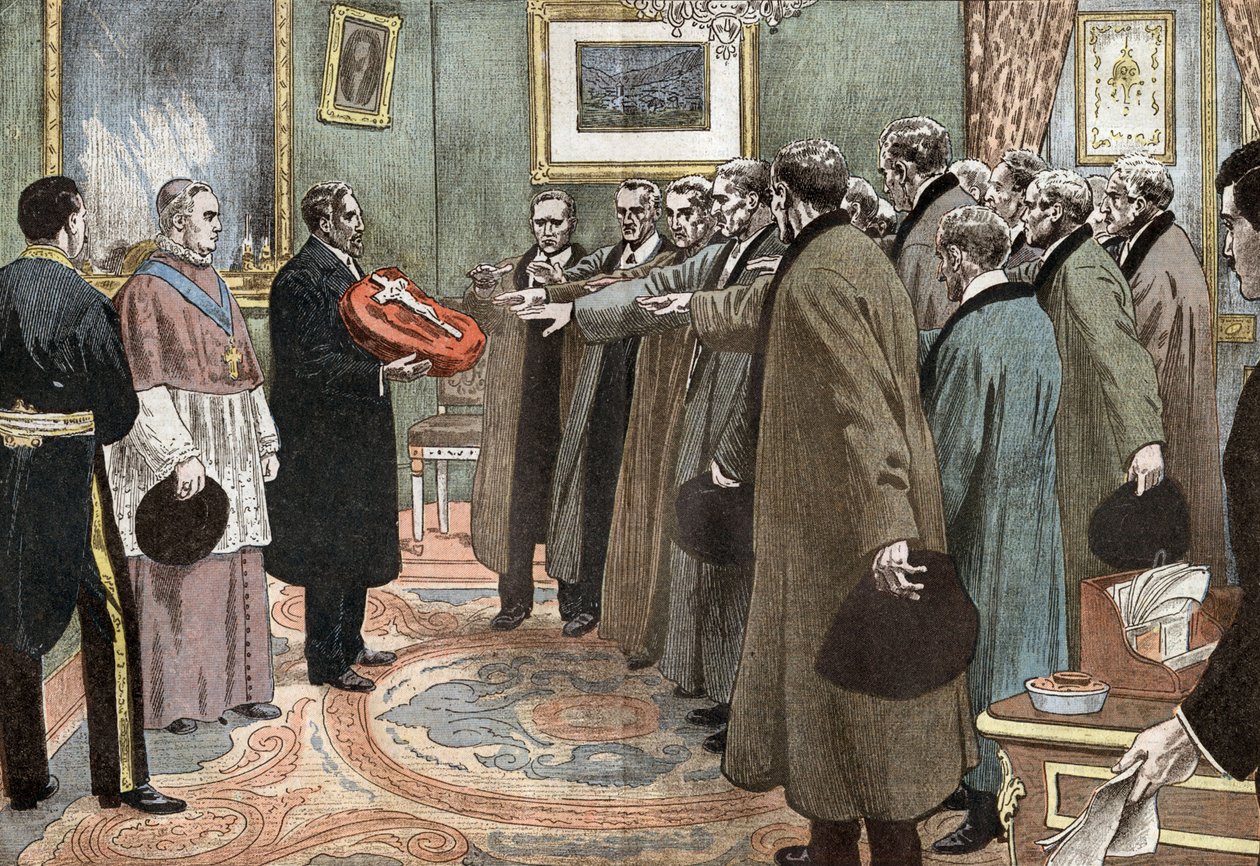 afgevaardigden van de republiek Andorra met bisschop van Urgel die de eed van gehoorzaamheid aan Frankrijk afleggen, illustratie uit "Le Pelerin" door Eugene Damblans