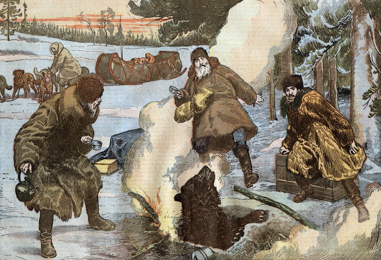 missionarissen bereiden thee terwijl een beer plotseling uit het ijs verschijnt, illustratie uit "Le Pelerin" door Eugene Damblans
