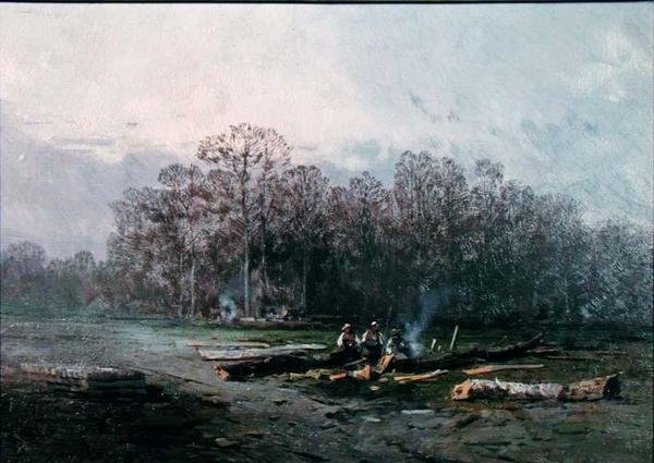 Mistig landschap met houthakkers door Eugene Deshayes