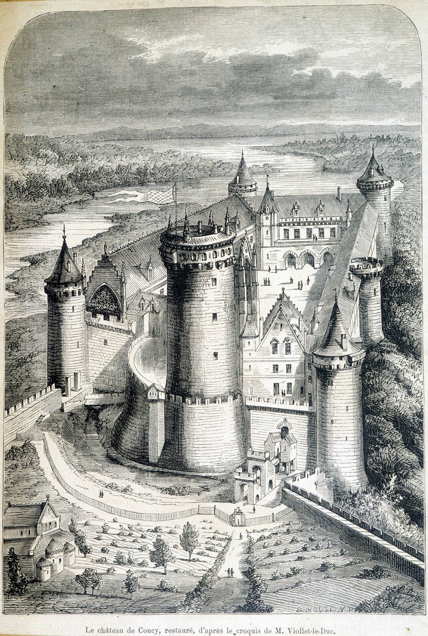 Het kasteel van Coucy, gerestaureerd - gravure naar de schets van Eugene Viollet-le-Duc (1814-1879) - 