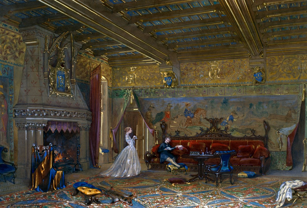 Ontwerp van een gotische zaal voor Château de Pierrefonds, met de keizer en keizerin door Eugene Emmanuel Viollet le Duc